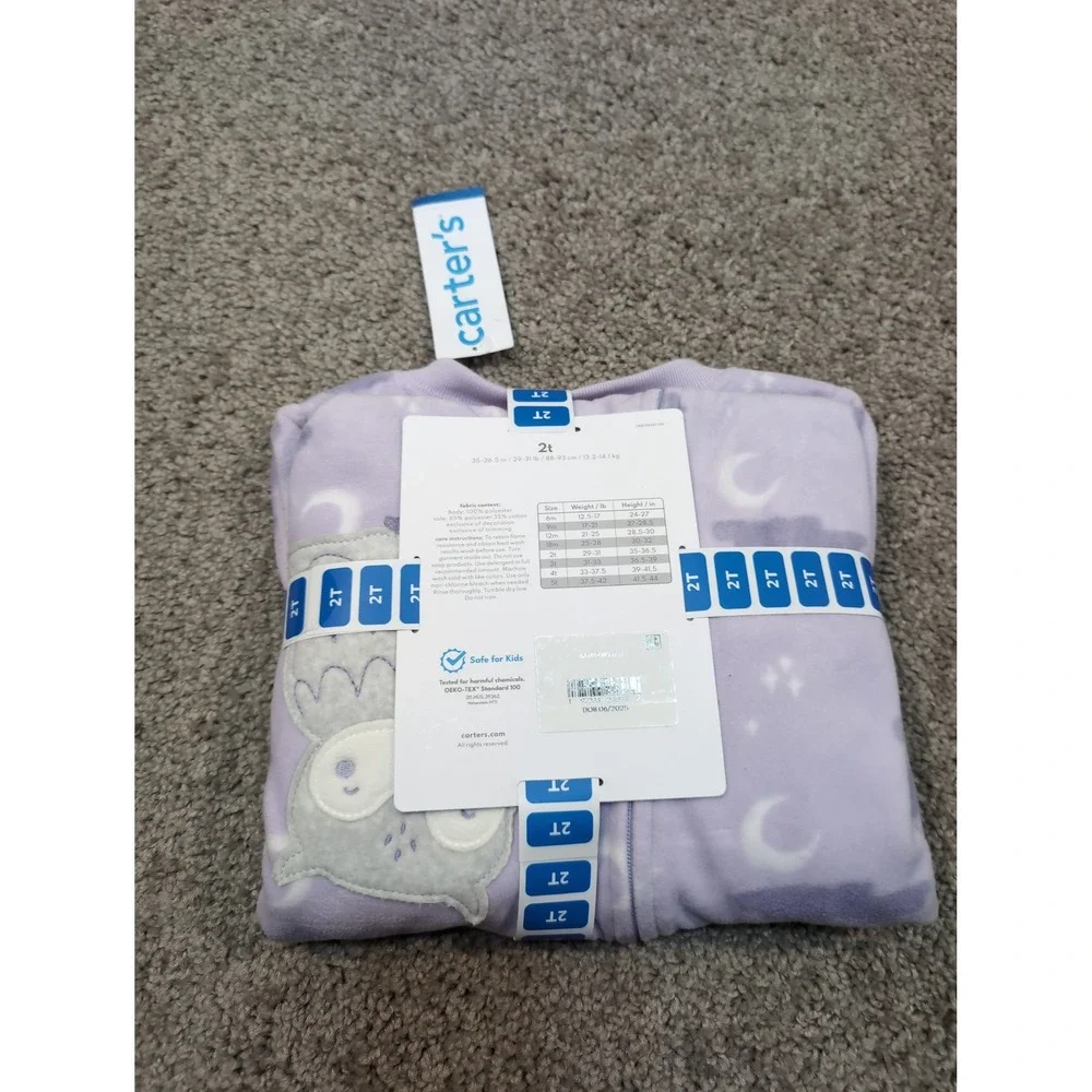 Carter's Kids 2T Purple Fleece Footie Pajama Owl‎ Moon Stars Sleepwear